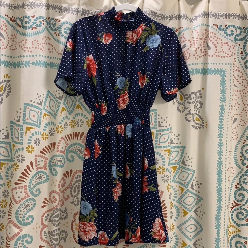 Blue floral and polka dot mini dress